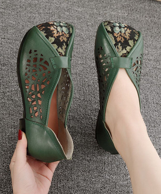 Green Hollow Out Cowhide Leather Flat Shoes for Splicing Flats