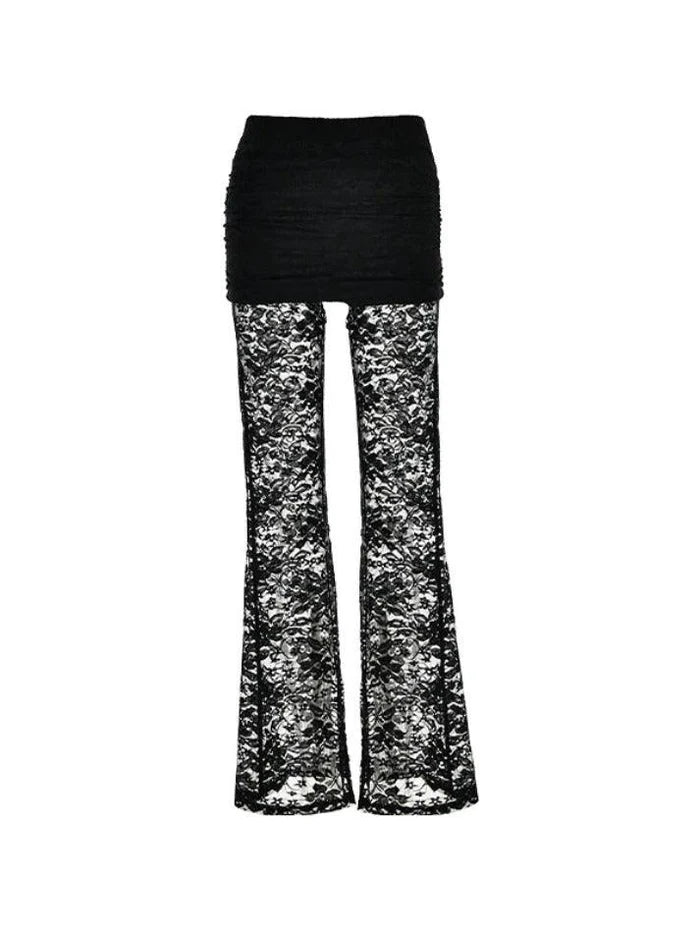 Black High Rise Flare Leg Pants With Lace Splice