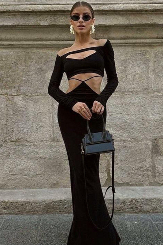 Slim Hollow Long-sleeve Temperament Maxi Dress