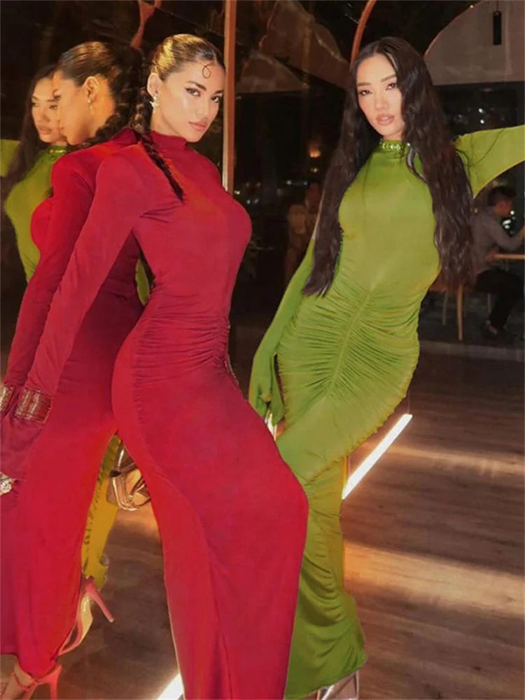 Autumn Turtleneck Skinny Long Dress ’s High Waist Long Sleeve Patchwork Party Dress Female Maxi Dress