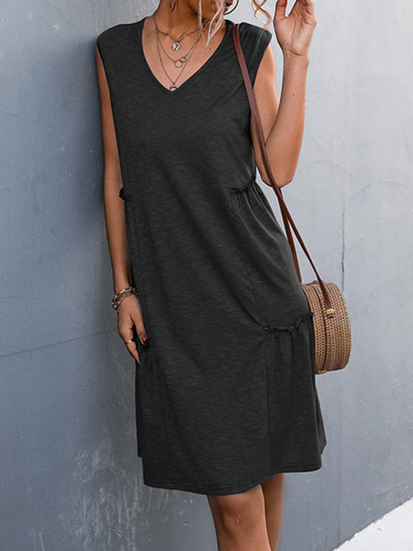 A-line Loose Pleated Color Split-joint V-neck Midi Dresses