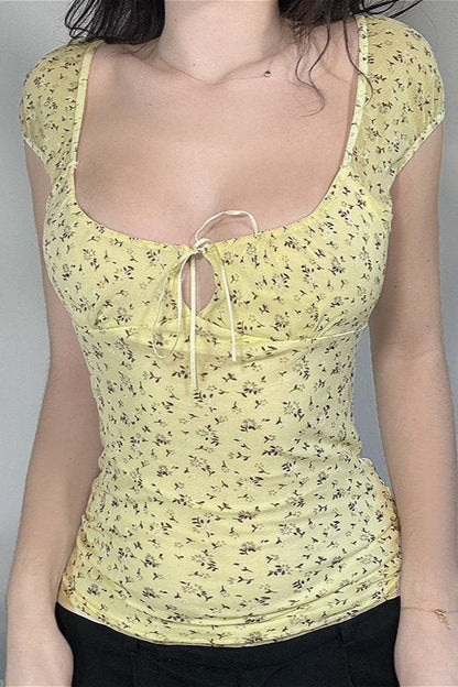 Cutout Tie Waist Yellow Blouse