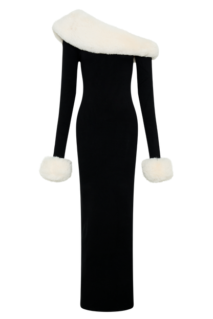 Dawn Faux Fur One Shoulder Slit Maxi Dress