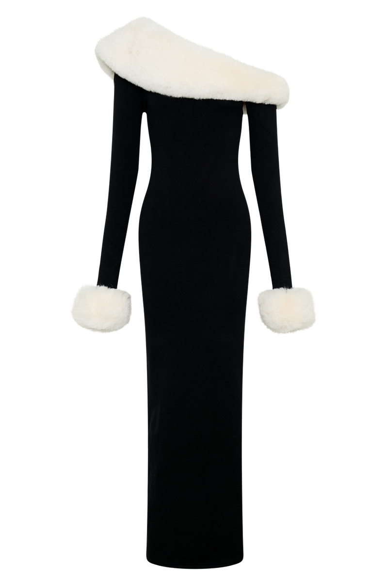 Dawn Faux Fur One Shoulder Slit Maxi Dress