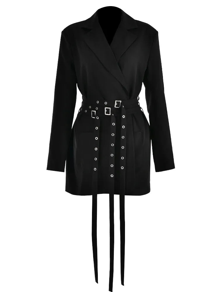 Double Layer Bandage Slim Blazer Long Sleeve Pocket Long Jacket Female Suit Outwear Tops Street Party Autumn