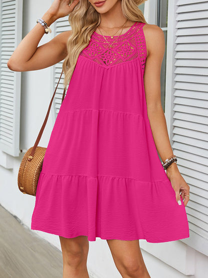 A-line Loose Hollow Pleated Color Split-joint Round-neck Mini Dresses
