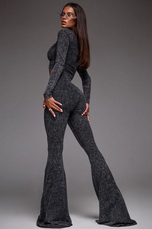 Zip Front Crop Top Flared Pants Set