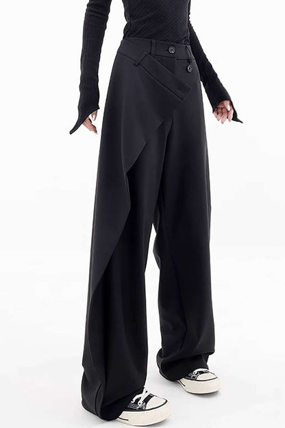 Black Draped Wrap Straight Leg Suit Pants