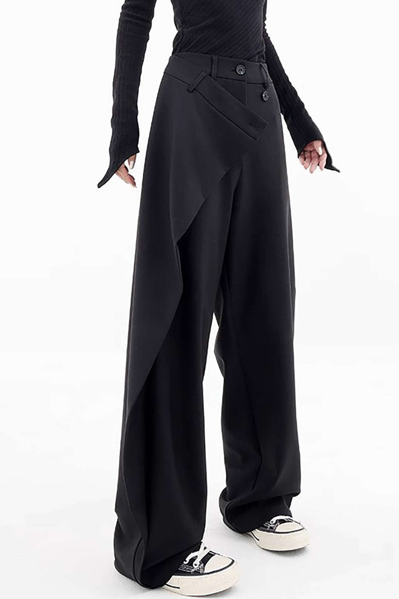 Black Draped Wrap Straight Leg Suit Pants