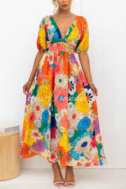 Frenzy Printed Puff Sleeve Back Smocked Maxi Dress