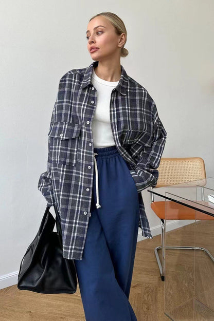 American Plaid Double-pocket Mid-length Blouse