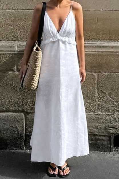 White Cotton Linen V-neck Ruffle Loose Maxi Dress