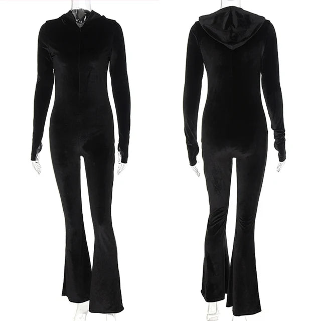 Black Corduroy Bodycon Hooded Jumpsuit Autumn New Long Sleeve V-neck Outfits Female Overalls Fitness New