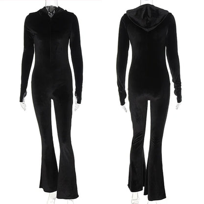Black Corduroy Bodycon Hooded Jumpsuit Autumn New Long Sleeve V-neck Outfits Female Overalls Fitness New