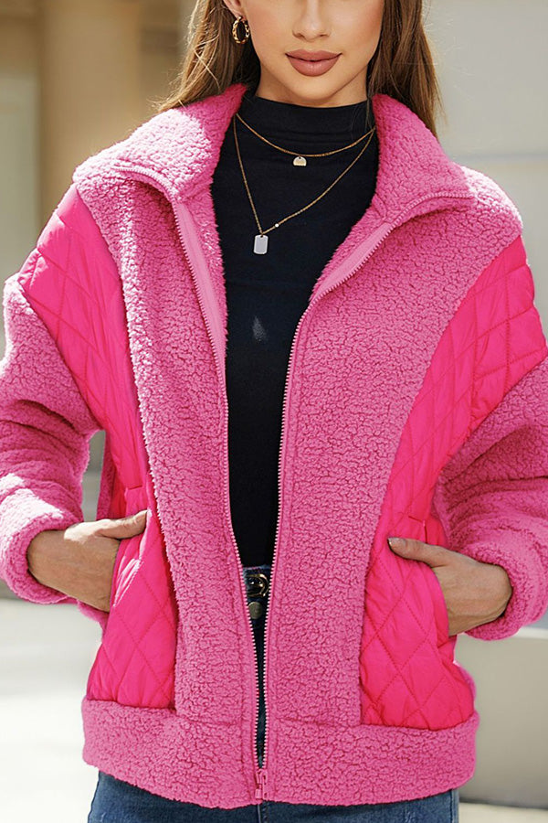 Long Sleeve Cardigan Zipper Plush Patchwork Jacket