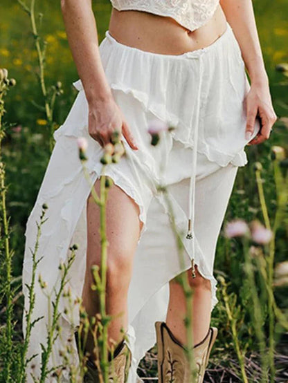 White Ruffle Slit Midi Skirt