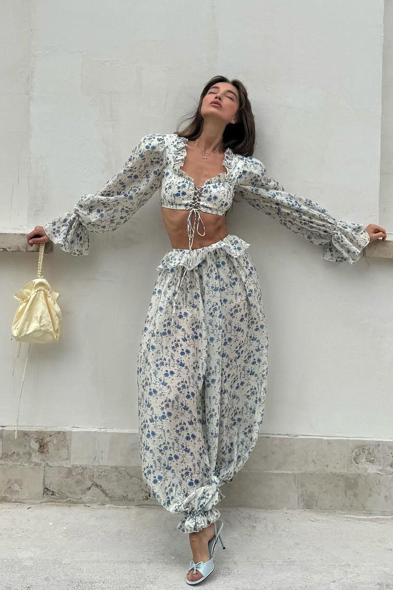 Tie Front Square Neck Ruffled Cropped Top Low Waist Jogger Pants Two Piece Set