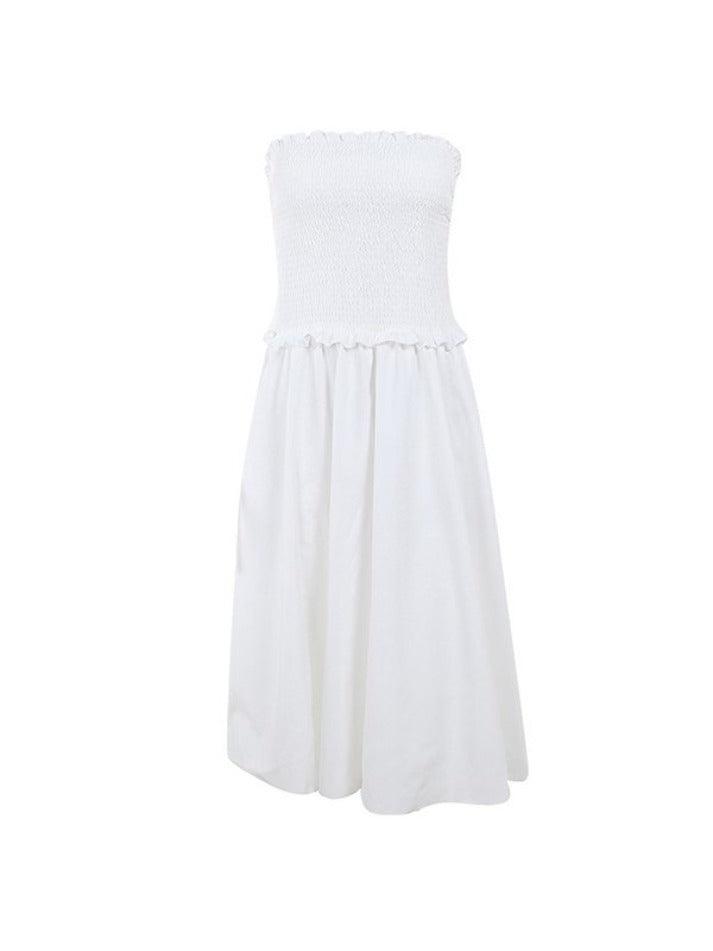 White Off Shoulder Shirred Tube Maxi Dress