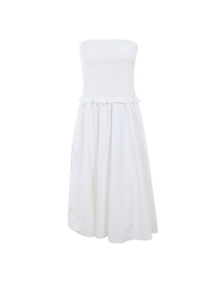 White Off Shoulder Shirred Tube Maxi Dress