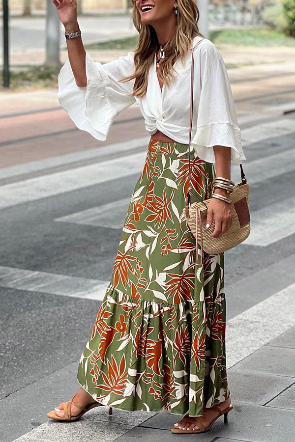 Flower and Leaf Pattern Retro Ah Pleated Skirt