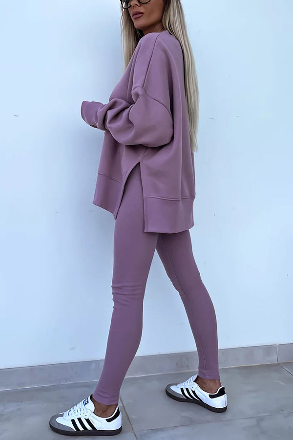 Color Loose Long Sleeve Slitsweatshirt and Elastic Waist Tight Pants Set