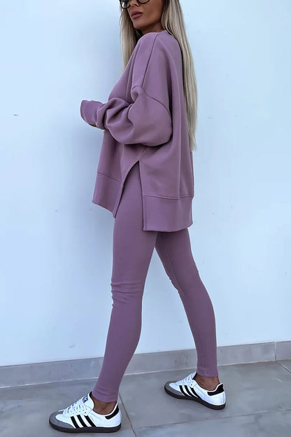 Color Loose Long Sleeve Slitsweatshirt and Elastic Waist Tight Pants Set