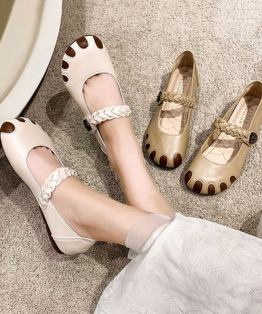 Fine Buckle Strap Flat Shoes for Beige Cowhide Leather