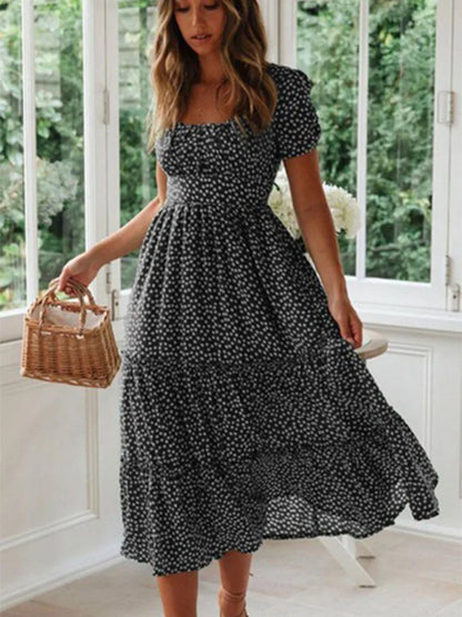 Vestidos Print Puff Sleeve Summer Beach Sweet Dresses Square Collar Maxi Long Dress Festa