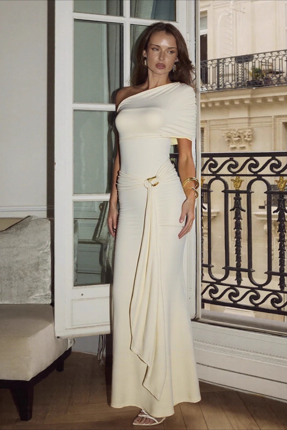Asymmetrical Shoulder Tie Wrap Bodycon Maxi Dress