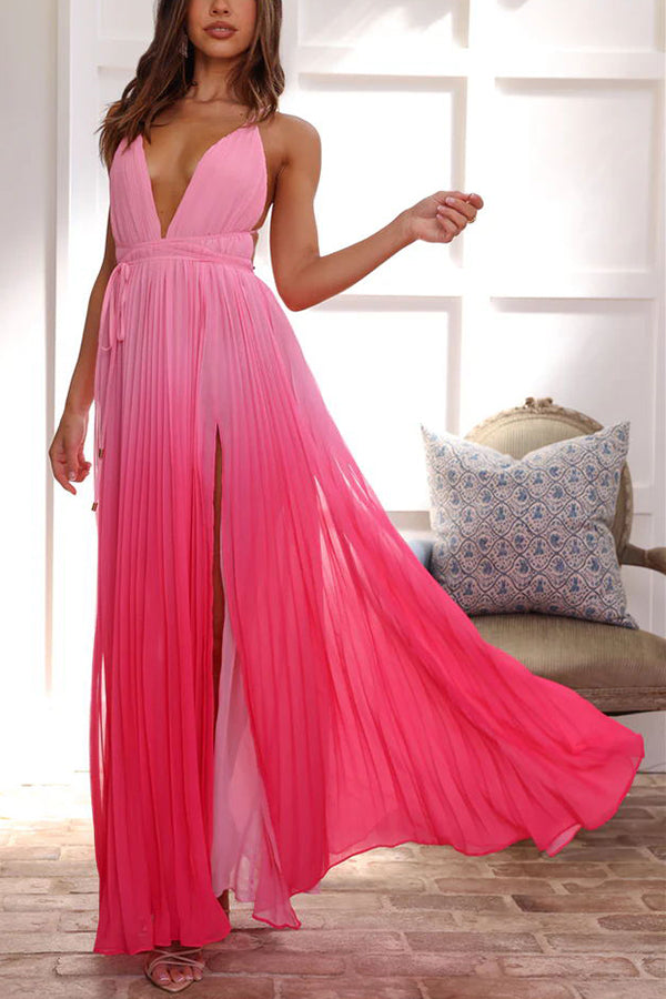 Love Letter to You Pleated Gradient Print Back Tie-up Slit Maxi Dress