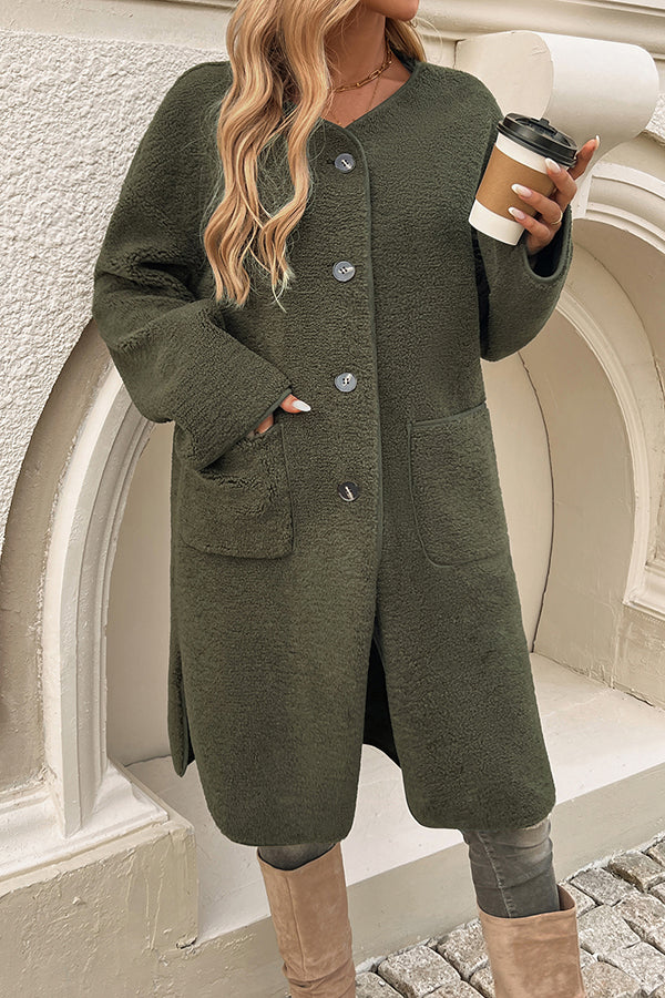 Color Cardigan Buttoned Pocket Mid-length Coat