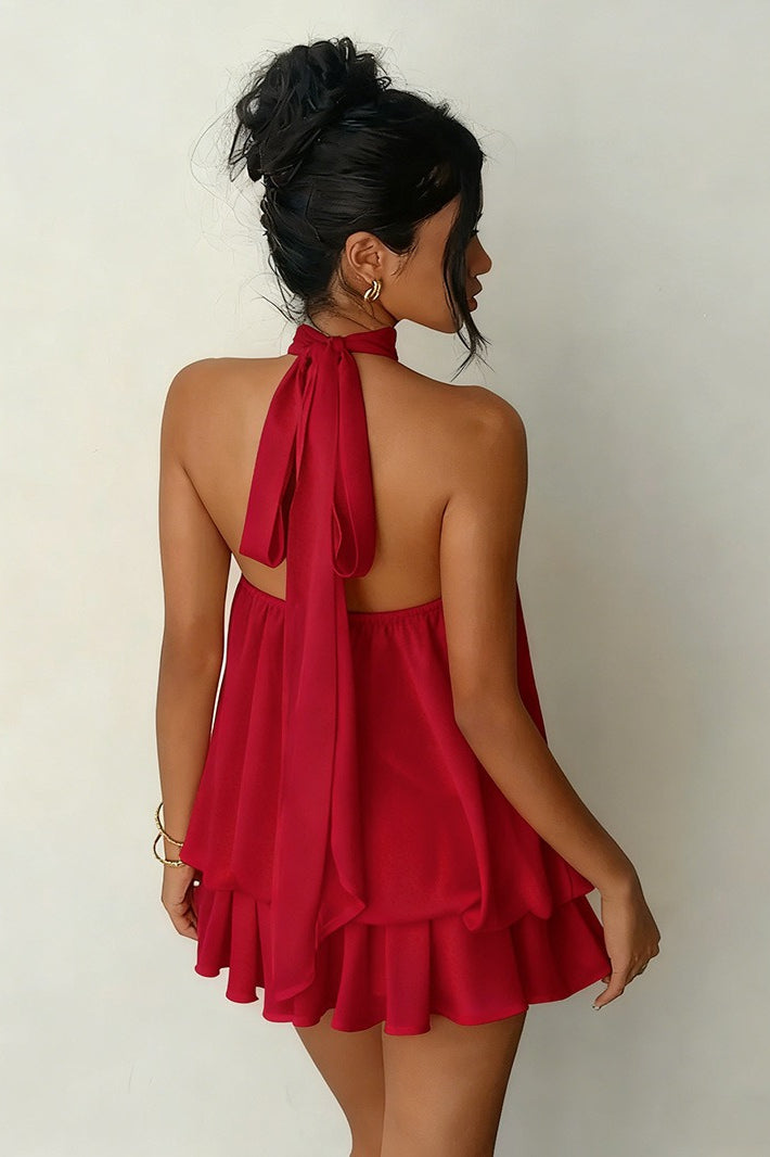 Backless Halter Tie Waist Slim Fit Ruffled Mini Dress