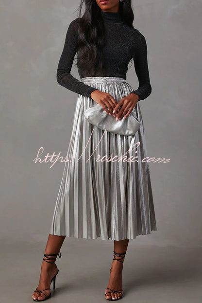 Yuletide Glow Metallic Fabric Pleated Elastic Waist Midi Skirt