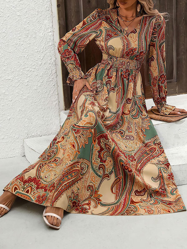 Loose Puff Sleeves Elasticity Printed V-neck Maxi Dresses