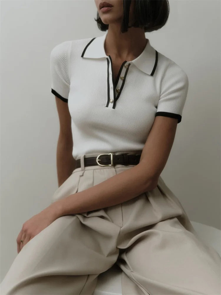 Knit Sweater Pullover Short Sleeve Patchwork Slim Lapel Contrast Knitwear Top Female Skinny Ribbed Pullover