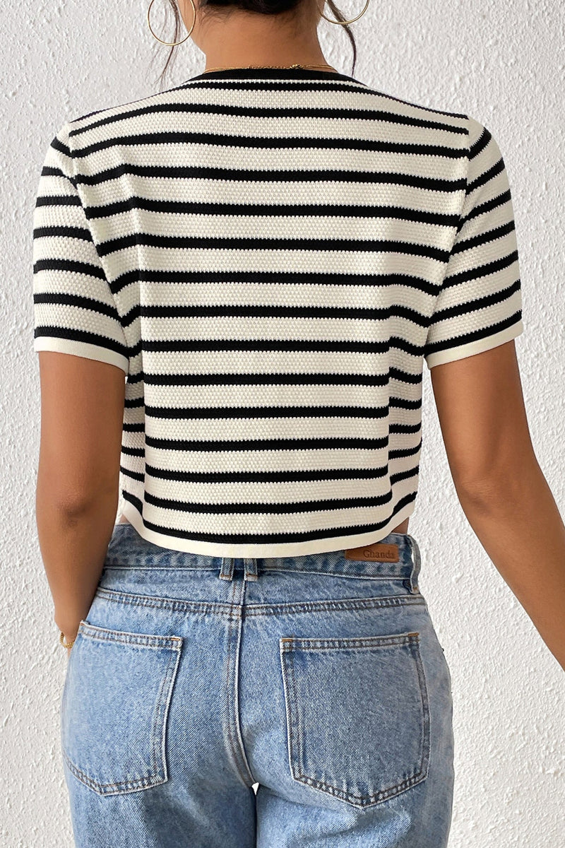Striped Tie-front Knit Short Sleeves Cardigan