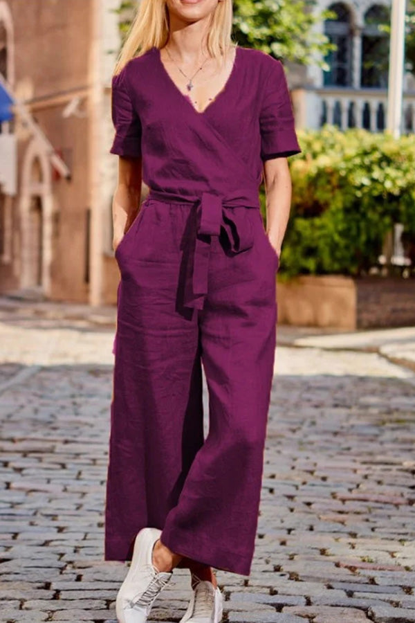 Short Sleeve Color Lace-up V Neck Soft Romper Jumpsuit