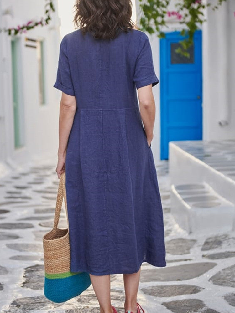 V Neck Linen Button-down Midi Dress With Pocket in Navy