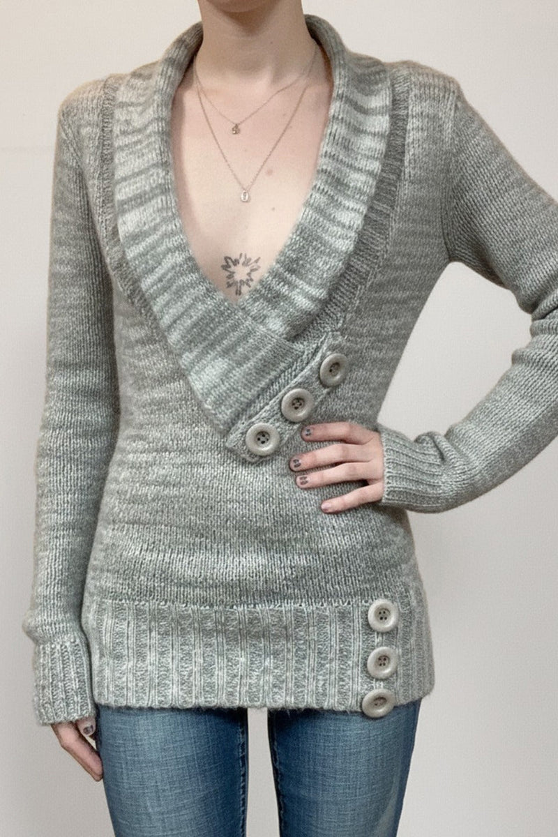 Paneled Asym V Neck Button Sweater