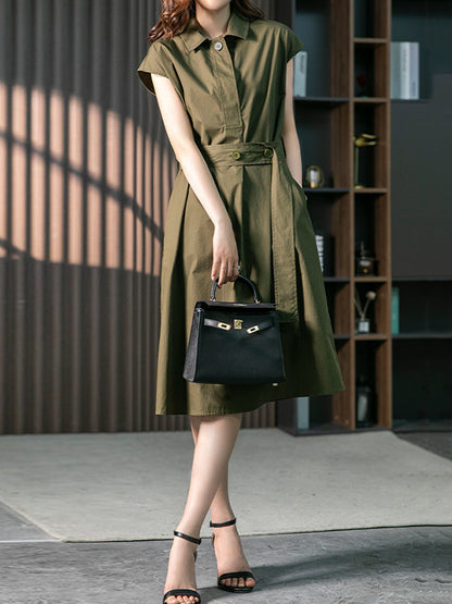 Short Sleeves Bandage Color Lapel Midi Dresses