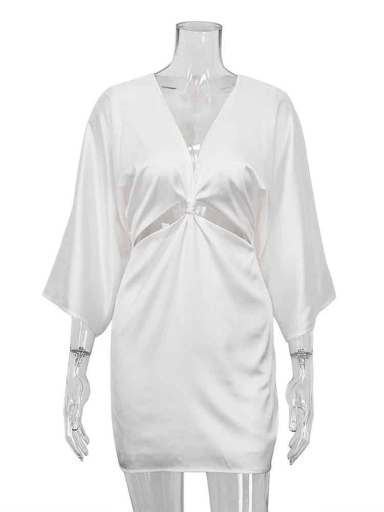 Hollow Out Deep V-neck Mini Dress Bow Satin Bodycon Dresses White Summer