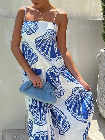 Holiday Ocean Shell Print Sling Maxi Dress