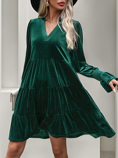 A-line Long Sleeves Pleated Color Velvet V-neck Mini Dresses