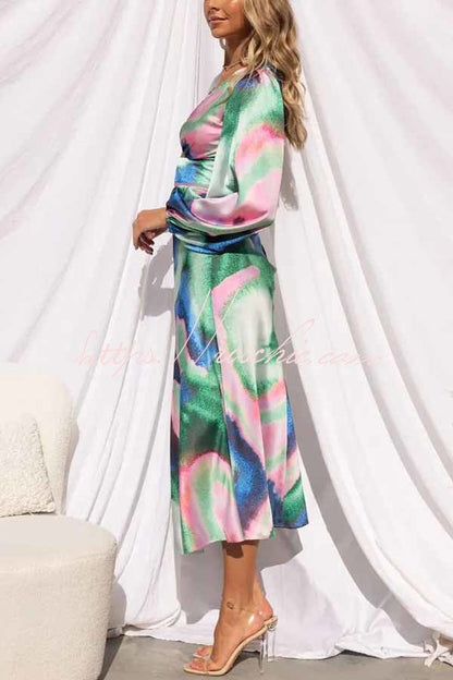 Own the Evening Satin Neon Print Cutout Midi Dress