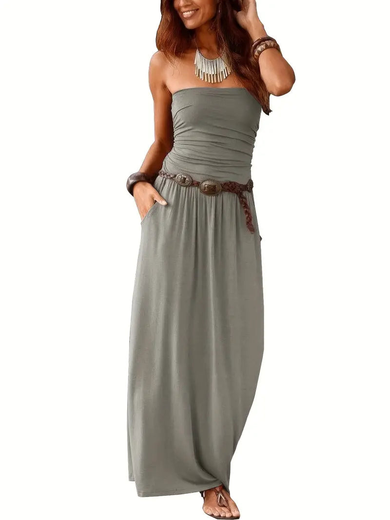 Color Versatile Strapless Maxi Dress With Pockets