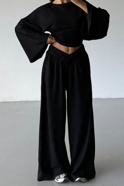 Cinched Waist Flared Sleeve Top Palazzo Pants Set