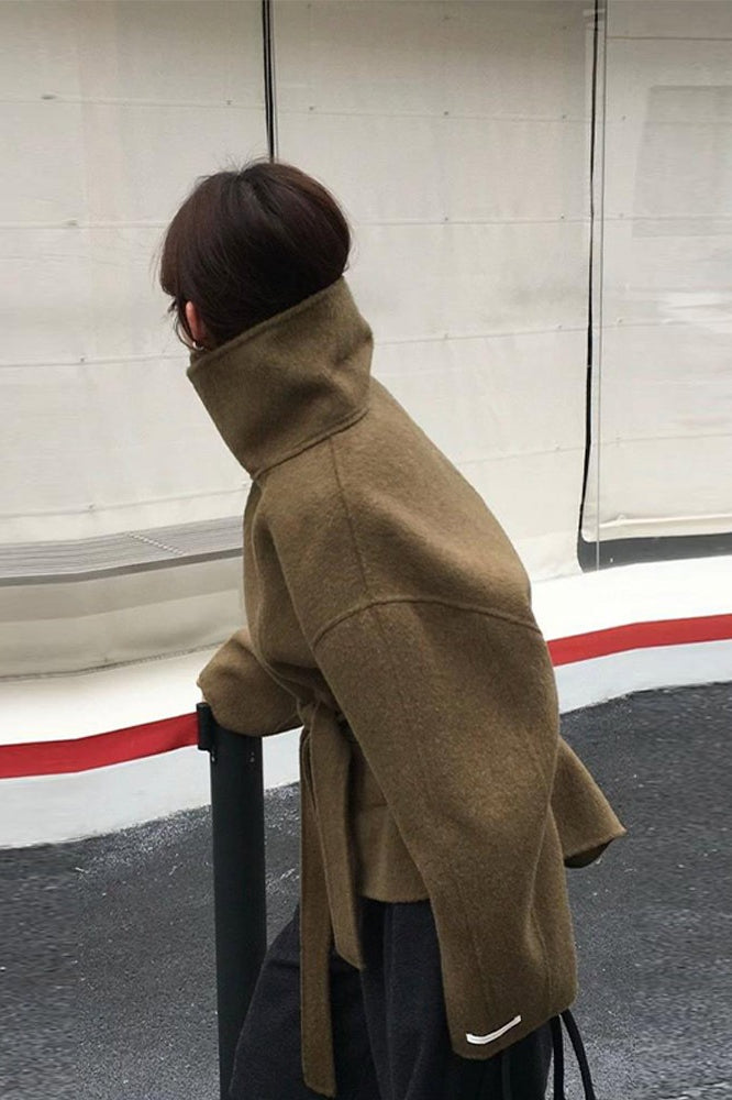 Turtleneck Loose Double-faced Wool Tie Waist Retro Coat