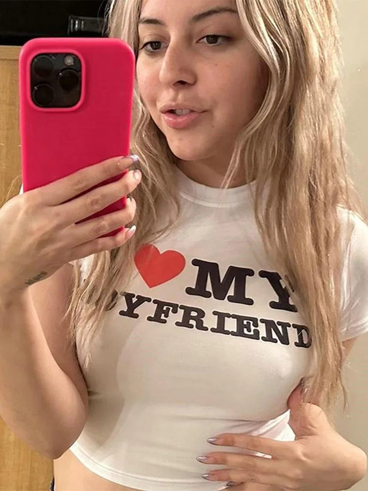 I Love My Boyfriend Summer Cotton Crop Tee Short Short Sleeve T-shirt
