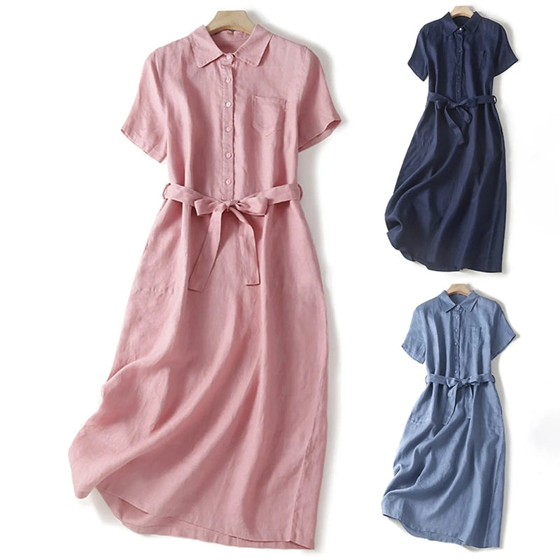 Elara Linen Midi Dress — Breathable Collared Dress With Adjustable Belt
