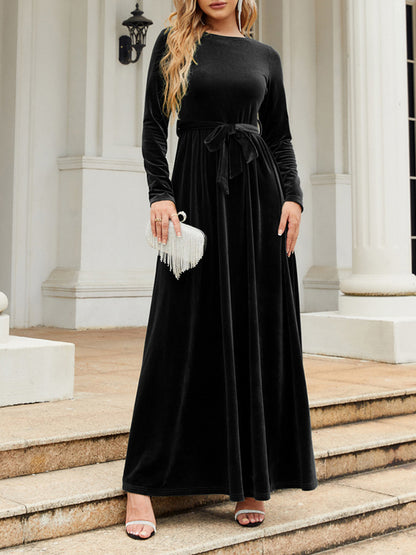Long Sleeves Wrap Belted Pleated Color Zipper Round-neck Maxi Dresses